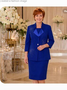 Vintage Eva Polini Couture Suit Size 6 Blue Rhinestone Blazer & Skirt USA 2pc
